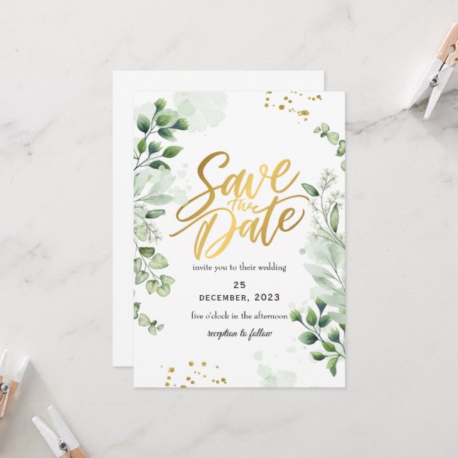 Invitación Greenery Romantic Save The Date Invitation (Anverso/Reverso In Situ)