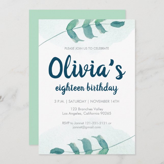 Invitación Greenery Rubor leaf Botanical Watercolor cumpleaño (Anverso / Reverso)