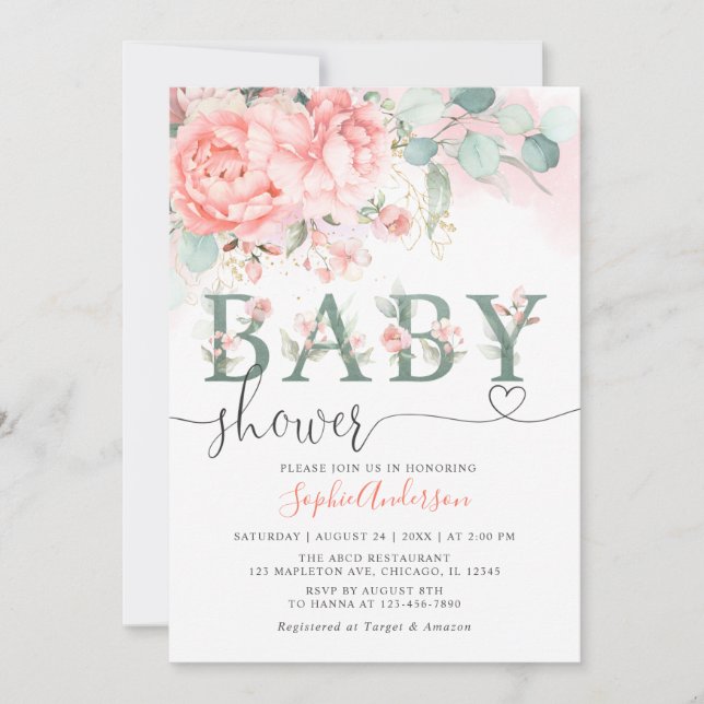 Invitación Greenery Rubor Rosa Gold Elegant Baby Shower (Anverso)