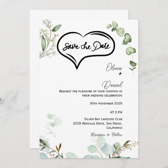 Invitación Greenery Rustic Save The Date Invitation (Anverso / Reverso)