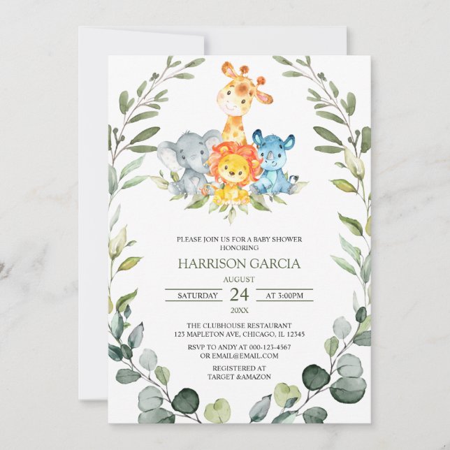 Invitación Greenery Safari Jungle Animals Baby Shower (Anverso)