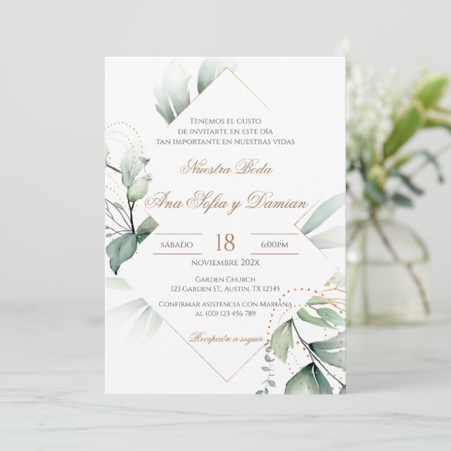 Invitación Greenery Spanish Wedding Invitation (Anverso de pie)