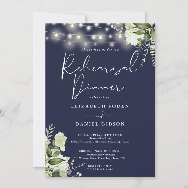 Invitación Greenery String Lights Navy Blue Rehearsal Dinner (Anverso)