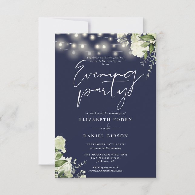Invitación Greenery String Lights Navy Wedding Evening Party (Anverso)