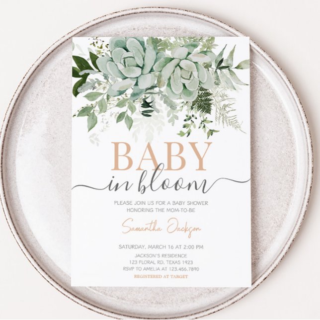 Invitación Greenery Succulents Baby Shower (Succulent Gender Neutral Baby Shower Invitation)