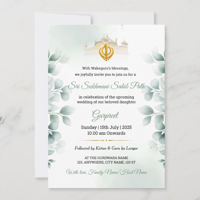 Invitación Greenery Sukhmani Sahib Path Invitation (Anverso)
