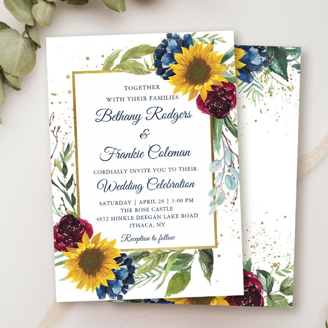 Invitación Greenery Sunflower Floral Gold Purpurina Boda (Subido por el creador)