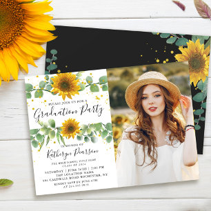 Invitación Greenery Sunflowers Graduation Party Photo