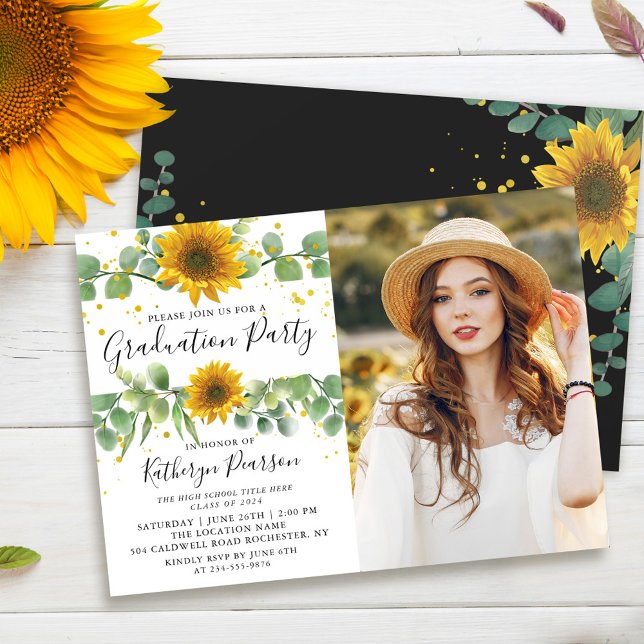 Invitación Greenery Sunflowers Graduation Party Photo (Subido por el creador)