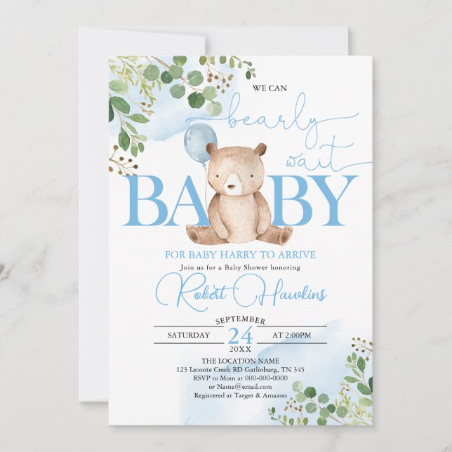 Invitación Greenery Teddy Bear Balloon Baby Shower (Anverso)