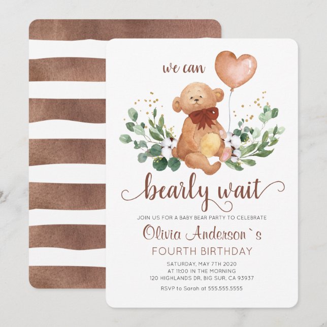 Invitación Greenery Teddy Bear Bearly Wait Baby Birthday (Anverso / Reverso)
