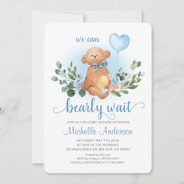 Invitación Greenery Teddy Bear Bearly Wait Baby Shower (Anverso)