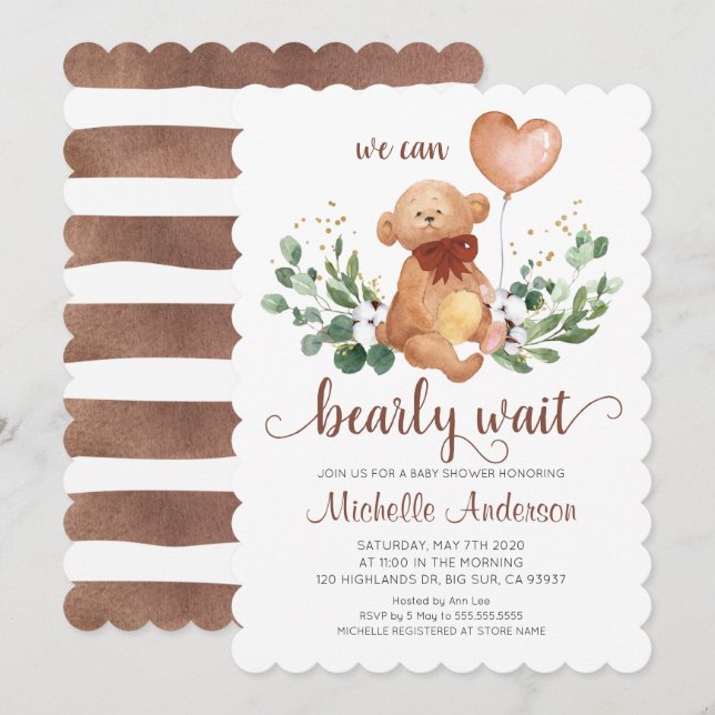 Invitación Greenery Teddy Bear Bearly Wait Baby Shower (Anverso / Reverso)