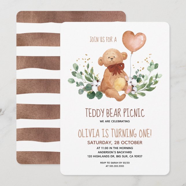 Invitación Greenery Teddy Bear Picnic Baby Birthday (Anverso / Reverso)
