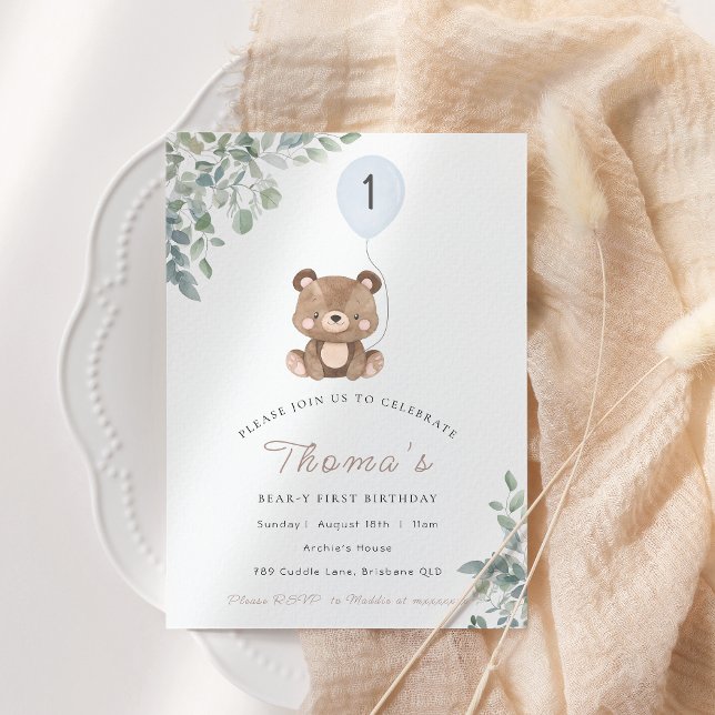 Invitación Greenery Teddy Bear Primer Cumpleaños Neutral (Subido por el creador)