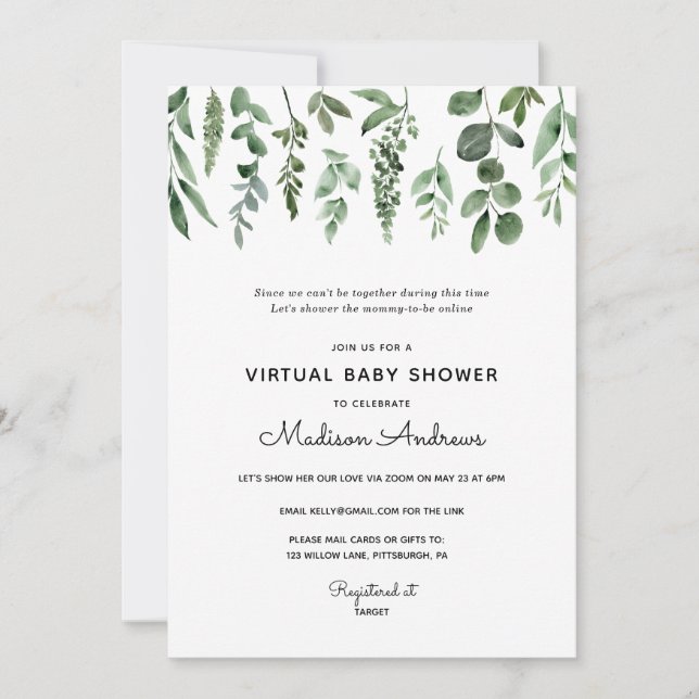 Invitación Greenery Virtual Baby Shower (Anverso)