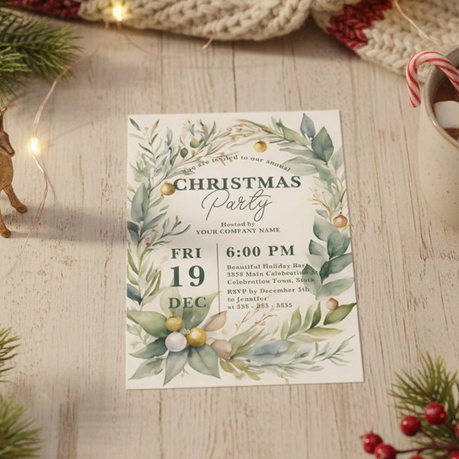 Invitación Greenery Watercolor Bauble Wreath Christmas Party (Subido por el creador)