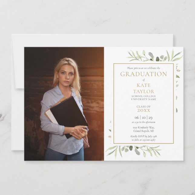 Invitación Greenery Watercolor Floral Graduation Party Foto (Anverso)