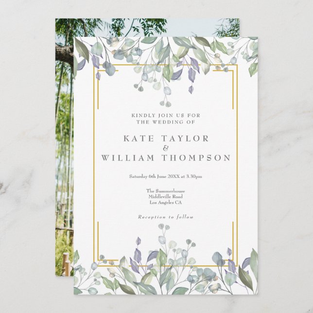 Invitación Greenery Watercolor Floral Photo Boda (Anverso / Reverso)