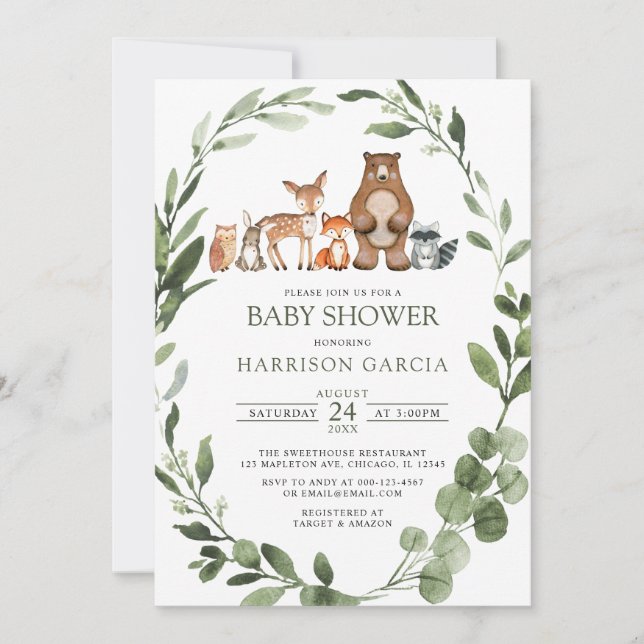 Invitación Greenery Watercolor Woodland Animals Baby Shower (Anverso)
