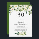 Invitación Greenery White Autumn Floral 30th Birthday Fiesta<br><div class="desc">Esta verde y blanca invitación floral de otoño a la fiesta de cumpleaños número 30 es perfecta para una fiesta rústica de cumpleaños. El diseño presenta elegantes peonías blancas acuarelas con follaje verde.</div>