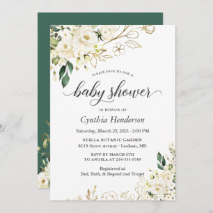 Invitación Greenery White Rose Floral Gold Baby Shower