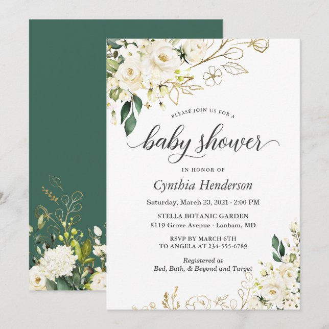 Invitación Greenery White Rose Floral Gold Baby Shower (Anverso / Reverso)