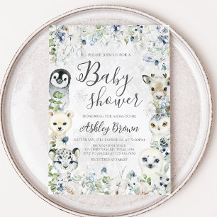 Invitación Greenery Winter Arctic Animals Baby Shower