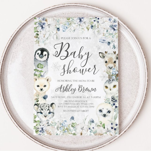 Invitación Greenery Winter Arctic Animals Baby Shower (Arctic Animals Baby Shower Invitation)