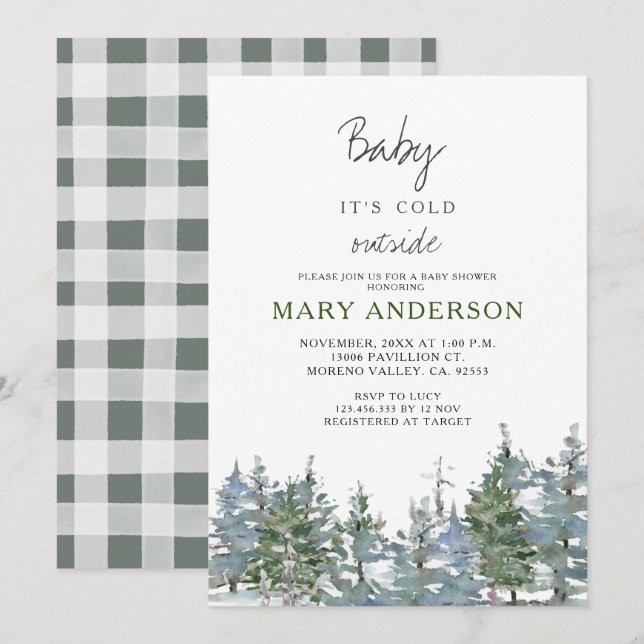 Invitación Greenery Winter Forest Woodland Baby Shower (Anverso / Reverso)