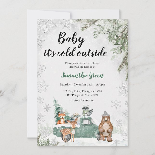 Invitación Greenery Winter Woodland Baby Shower (Anverso)