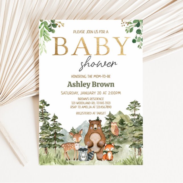 Invitación Greenery Woodland Animals Baby Shower (Greenery Forest Animals Baby Shower Invitation )