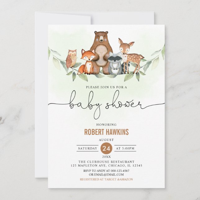 Invitación Greenery Woodland Animals Baby Shower (Anverso)