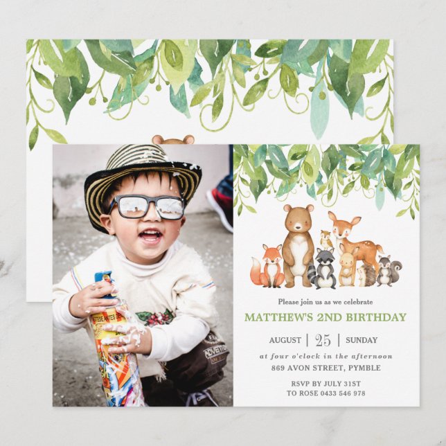 Invitación Greenery Woodland Animals Fotos de la fiesta de cu (Anverso / Reverso)