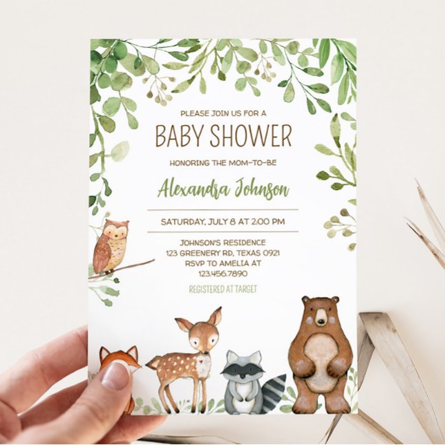 Invitación Greenery Woodland Baby Shower (Forest Animals Baby Shower Invitation)