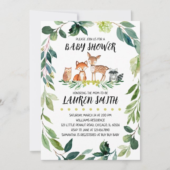 Invitación Greenery Woodland Baby Shower (Anverso)