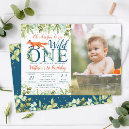 Invitación Greenery Woodland Wild One Fox 1er cumpleaños Phot