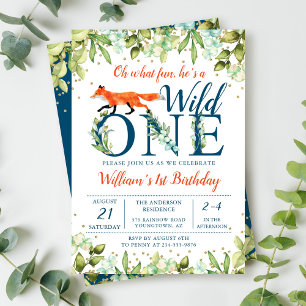 Invitación Greenery Woodland Wild One Fox Primer Cumpleaños