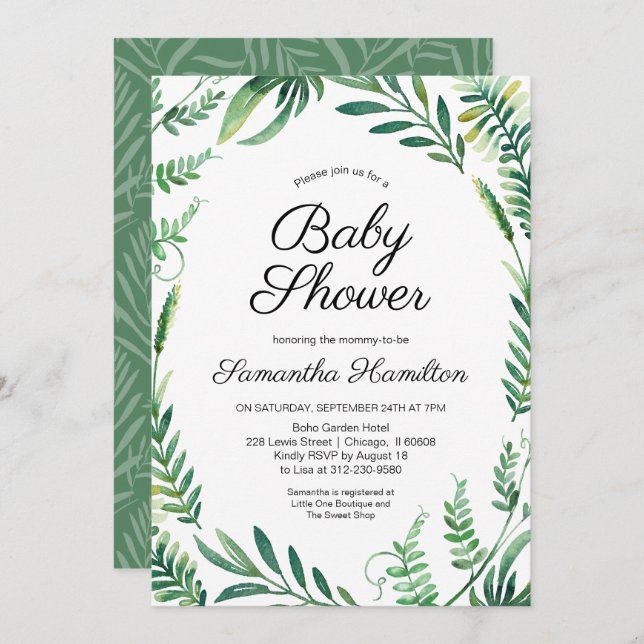Invitación Greenery Wreath Baby Shower Botánico moderno (Anverso / Reverso)