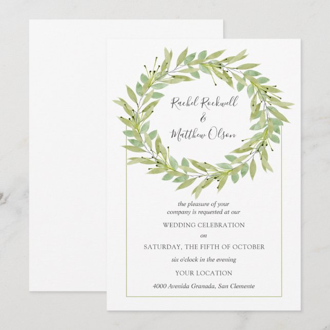 Invitación Greenery Wreath Boda (Anverso / Reverso)