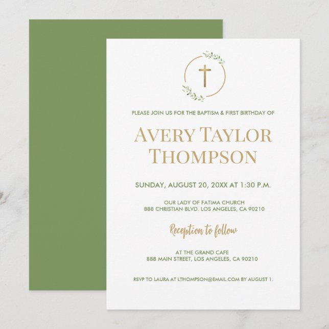 Invitación Greenery Wreath Gold Cross Baptism 1º cumpleaños (Anverso / Reverso)
