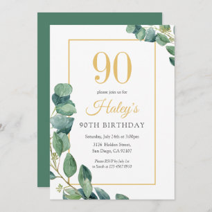 Invitación Greenery Wreath Moda Gold & Sage 90TH Birthday