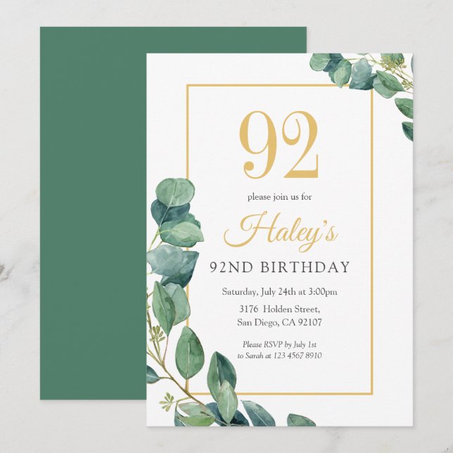 Invitación Greenery Wreath Moda Gold & Sage 92nd Birthday (Anverso / Reverso)