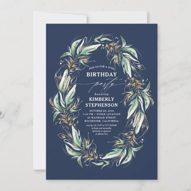 Invitación Greenery Wreath Navy Blue Elegal cumpleaños (Anverso)