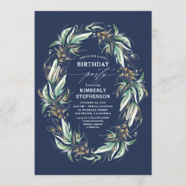Invitación Greenery Wreath Navy Blue Elegal cumpleaños