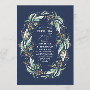 Invitación Greenery Wreath Navy Blue Elegal cumpleaños