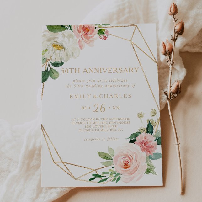 Invitación Greenery y Oro Geométrico 50 Aniversario de Boda (Subido por el creador)