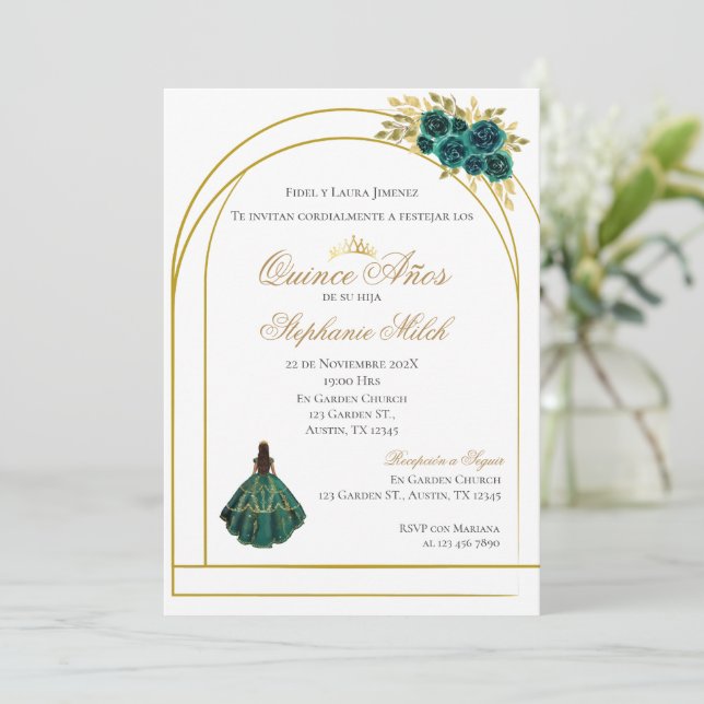 Invitación Greengery Floral Mexican Quinceanera Invitation (Anverso de pie)