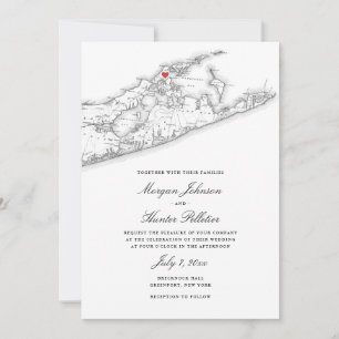 Invitación Greenport NY Map Elegant Black White Boda