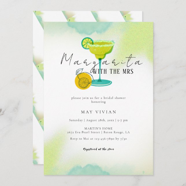 Invitación Greeny Watercolor Margarita Lime Bridal Shower (Anverso / Reverso)